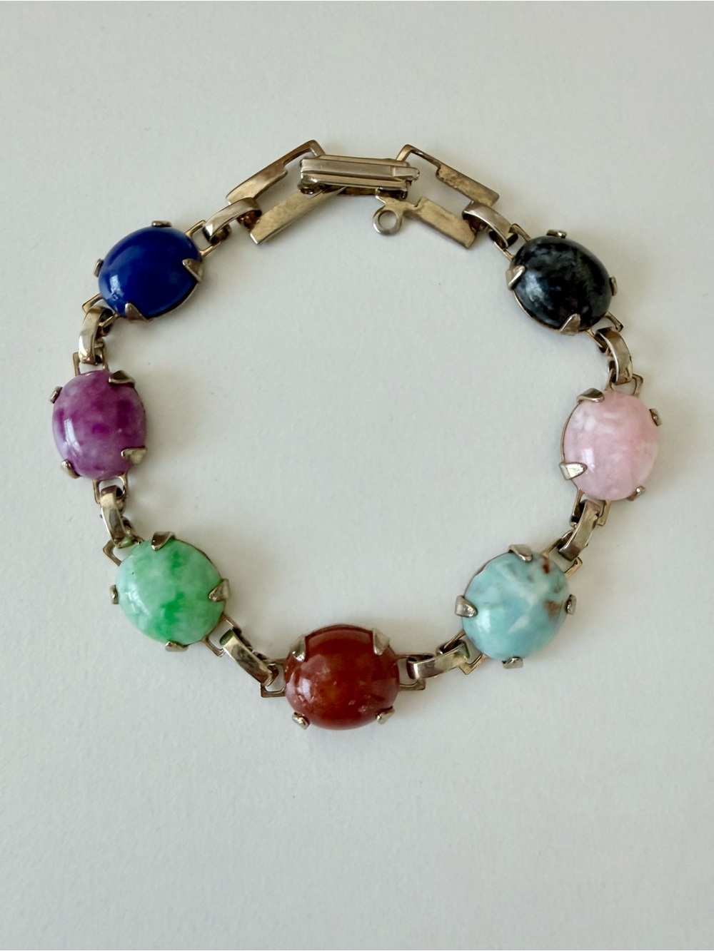 Vintage Multi Color Faux Stone Cabochon Link Bracelet Gold Tone